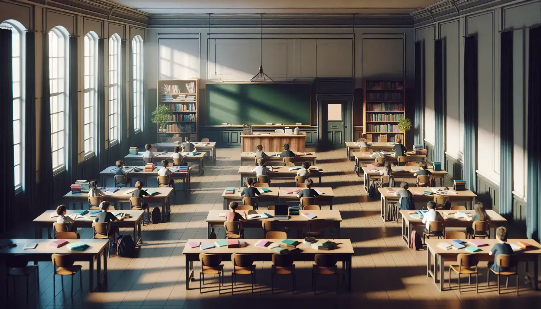 Aula espaciosa y luminosa con estudiantes concentrados en mesas rectangulares, pizarra verde al frente, escritorio con laptop cerrado y estantería con libros.