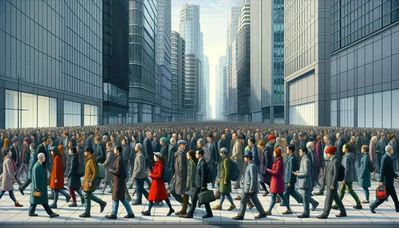 Diverse pedestrians in colorful attire navigate a busy city street while uniformed figures in suits and sunglasses stand in contrast against towering glass buildings.