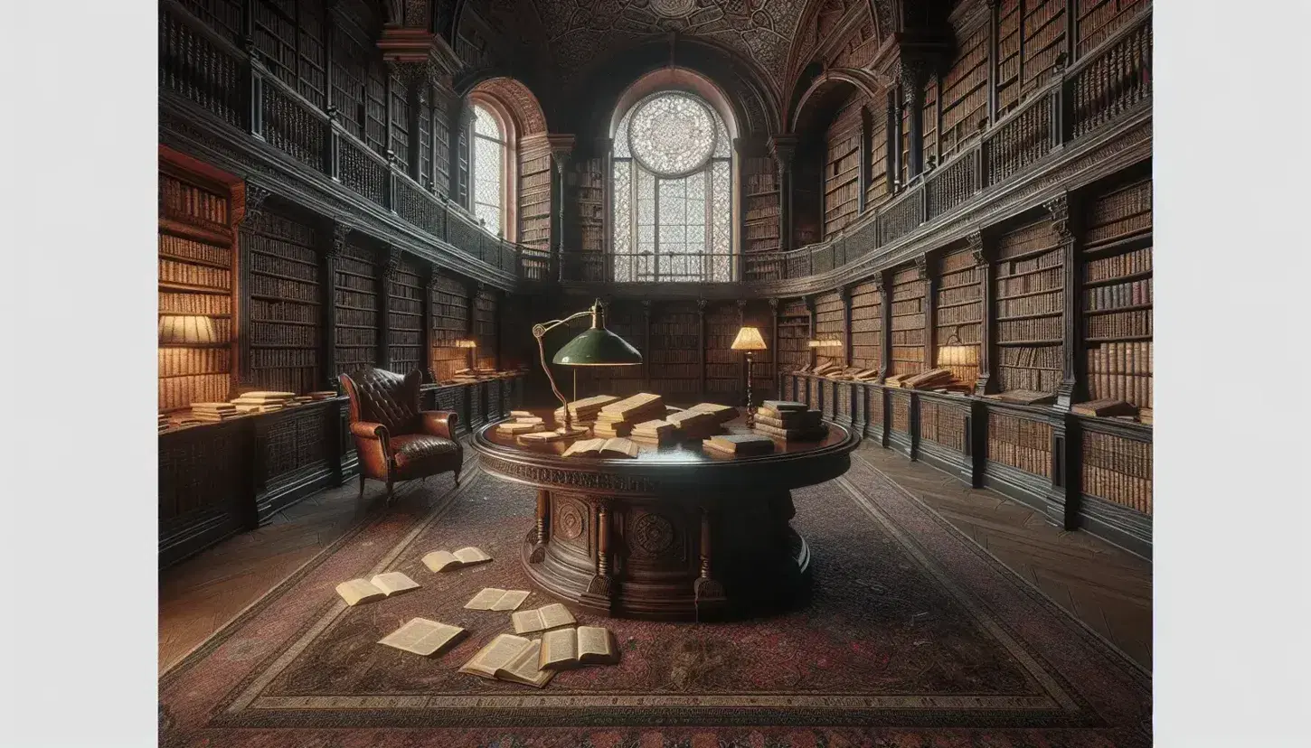 Biblioteca antica con scaffali in legno scuro pieni di libri rilegati, tavolo ovale con libri aperti, lampada in ottone e poltrona in pelle.
