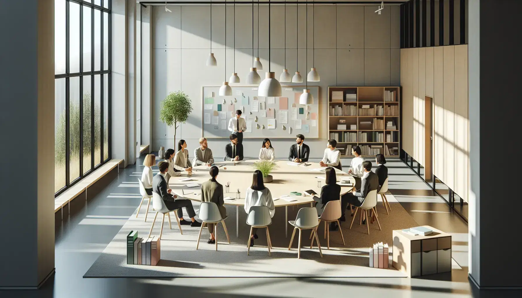 Aula moderna e luminosa con gruppo di professionisti diversificati seduti attorno a un tavolo ovale, discutendo attivamente senza testi visibili.