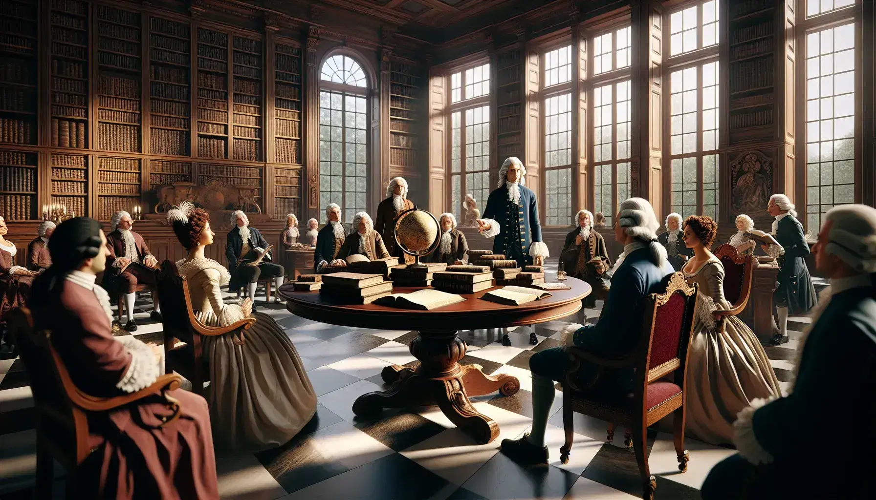 Grupo de personas en vestimenta del siglo XVIII debatiendo en una biblioteca iluminada naturalmente, con libros antiguos y globo terráqueo.
