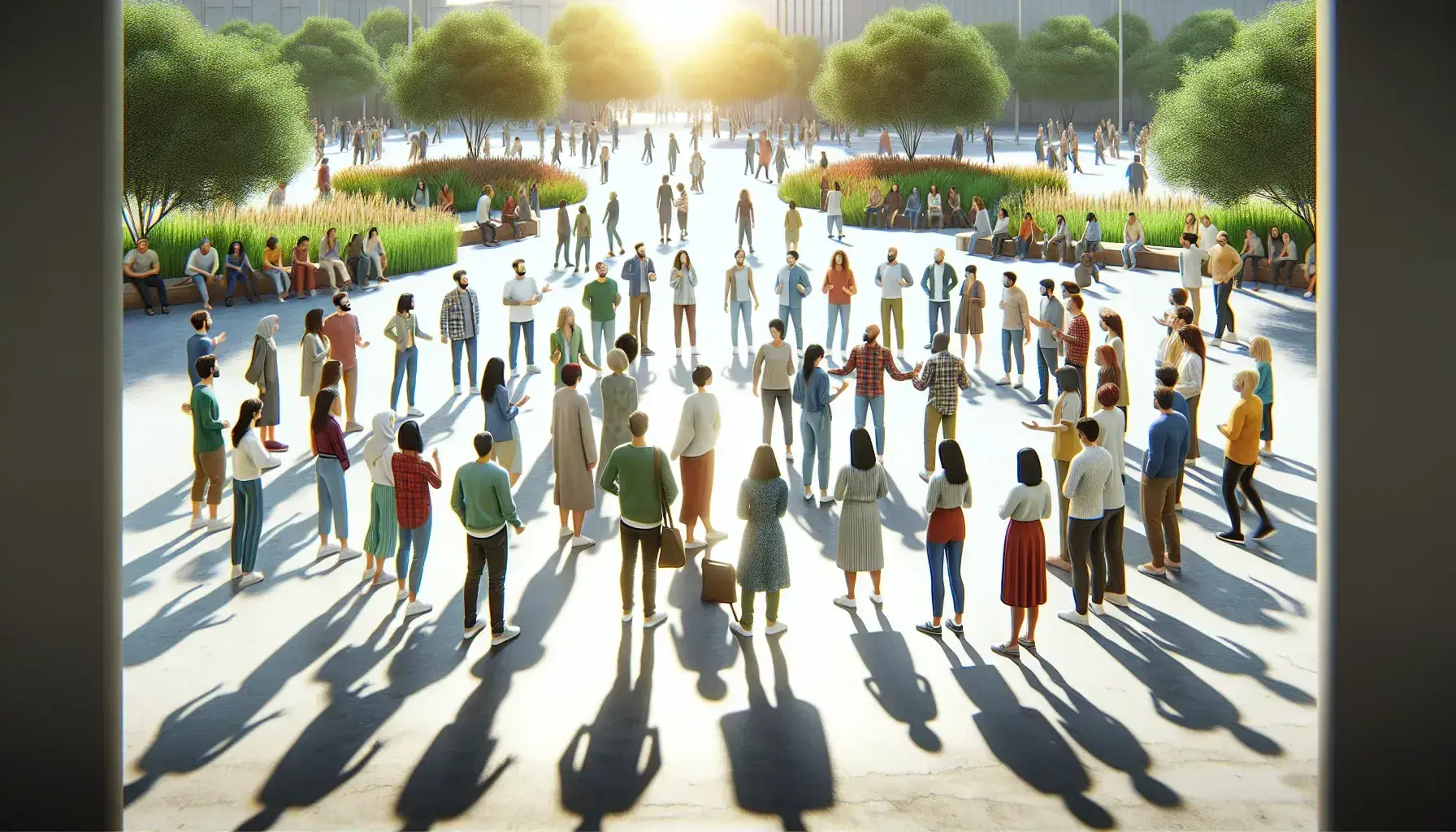 Grupo diverso de personas interactuando en un parque soleado con árboles verdes y cielo azul, reflejando comunicación y comunidad.