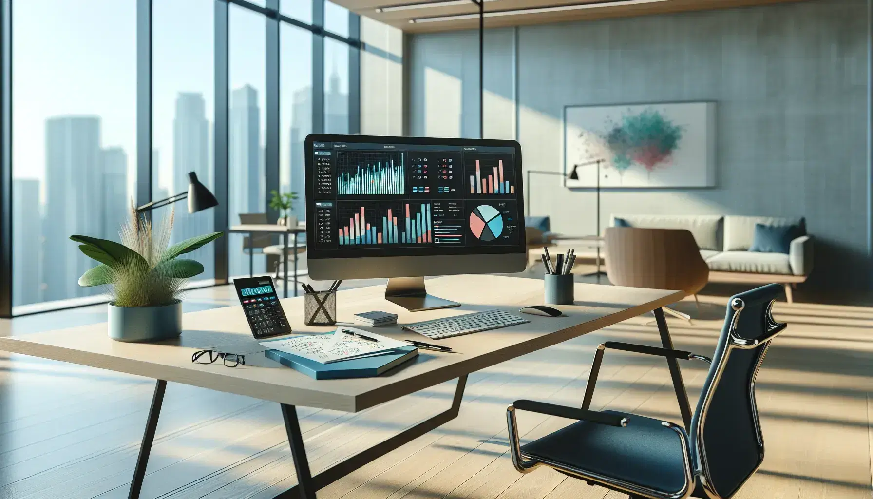 Oficina moderna y luminosa con mesa de madera, calculadora, gráficos impresos, portátil con datos financieros, silla ergonómica y planta interior.