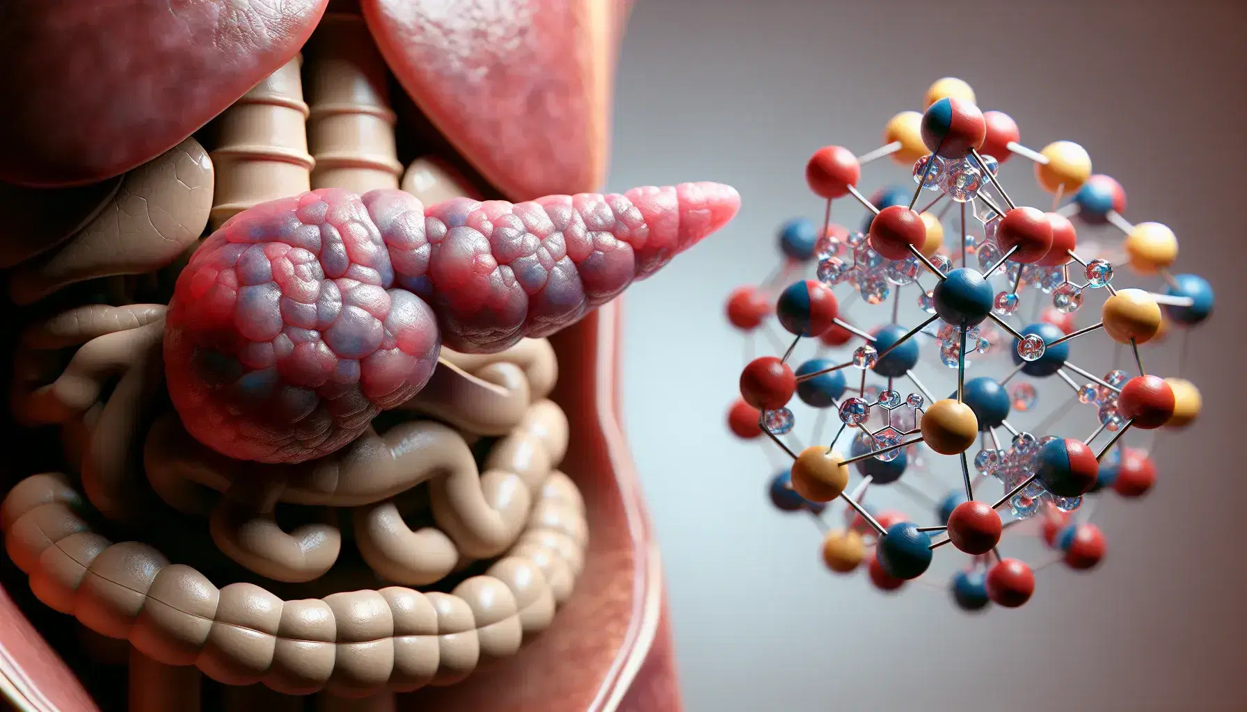Modelo anatómico detallado de páncreas humano con moléculas de insulina y glucagón en 3D, destacando la relación entre el órgano y las hormonas.
