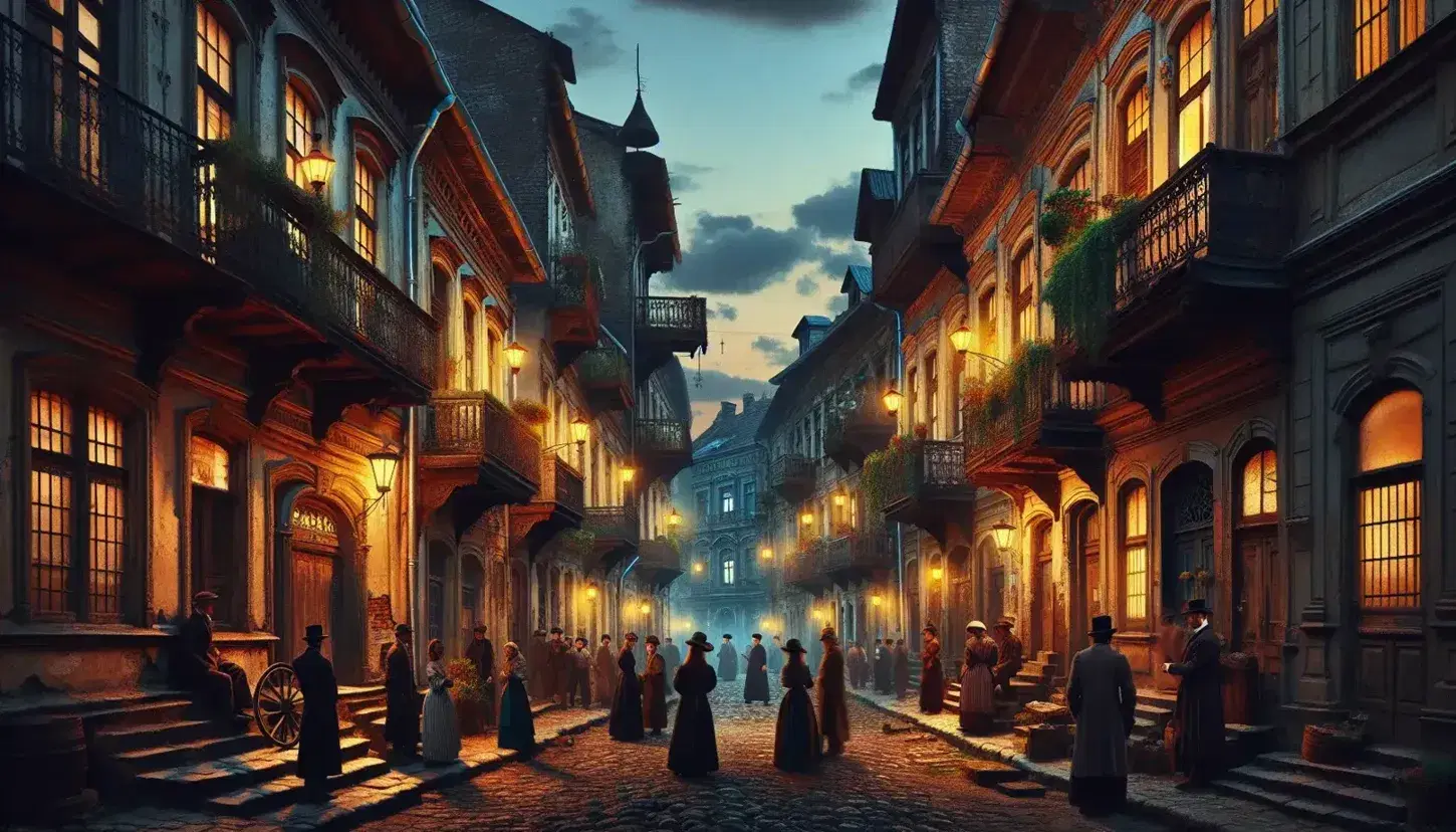 Calle empedrada de barrio antiguo europeo al crepúsculo con edificios desgastados, balcones de hierro forjado, faroles amarillentos y personas vestidas al estilo del siglo XX.