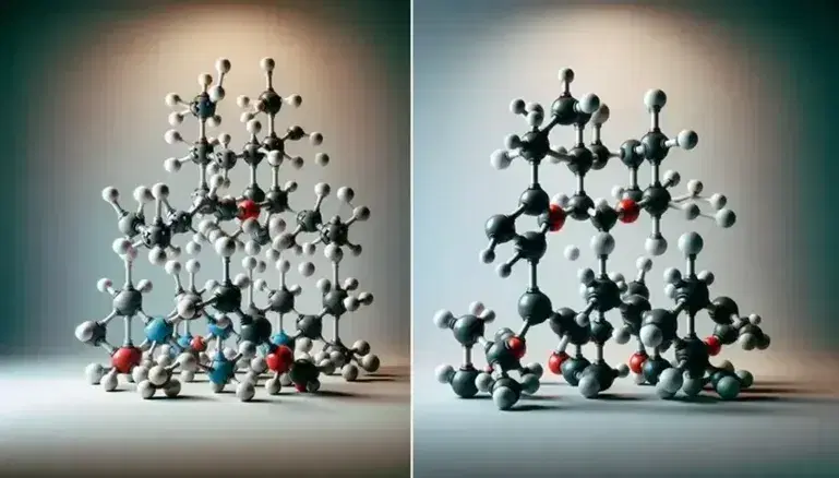 Modelos moleculares tridimensionales mostrando isómeros constitucionales y ópticos con esferas de colores que representan diferentes átomos unidos por varillas.
