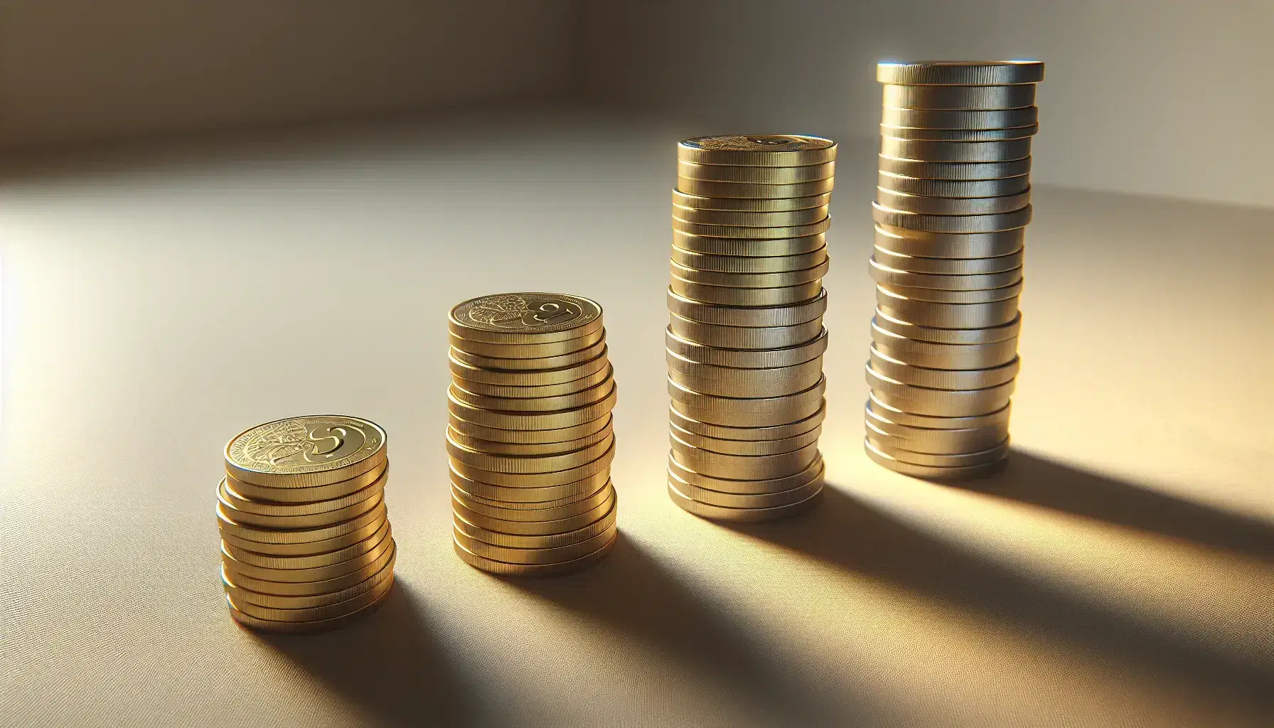 Monedas apiladas en crecimiento de izquierda a derecha con tonos dorados y plateado, reflejando luz sobre superficie lisa.