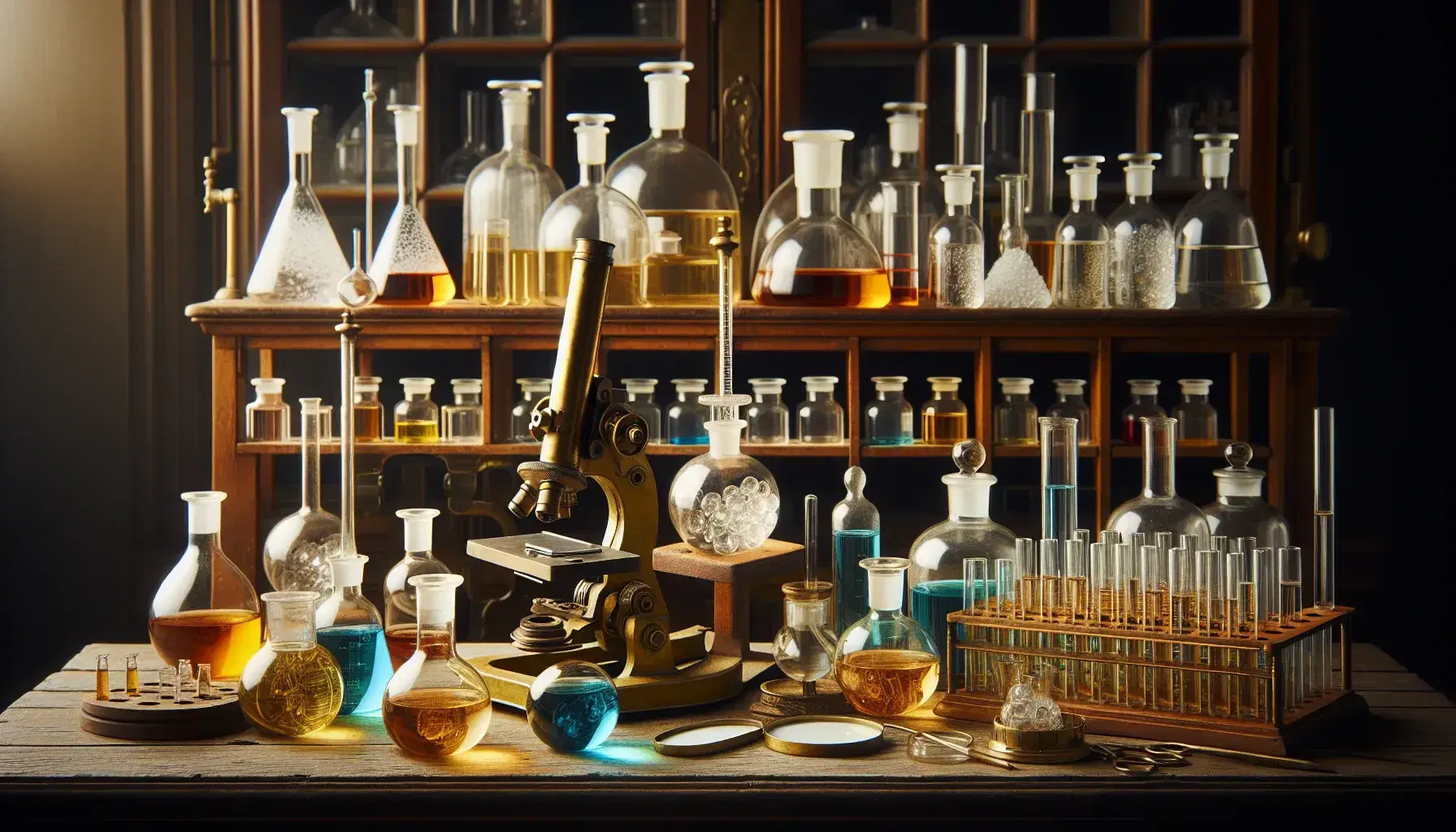 Vintage laboratory with wooden workbench, glassware containing colored liquids, a brass microscope, balance scale with white crystals, and shelves with bottles and books.