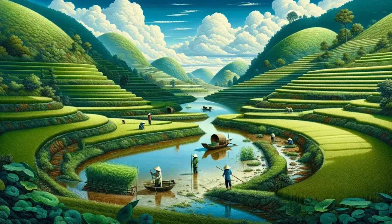 Serene Vietnamese countryside with lush rice paddies, farmers in nón lá hats, a meandering river, a wooden boat, rolling hills, and a clear blue sky.