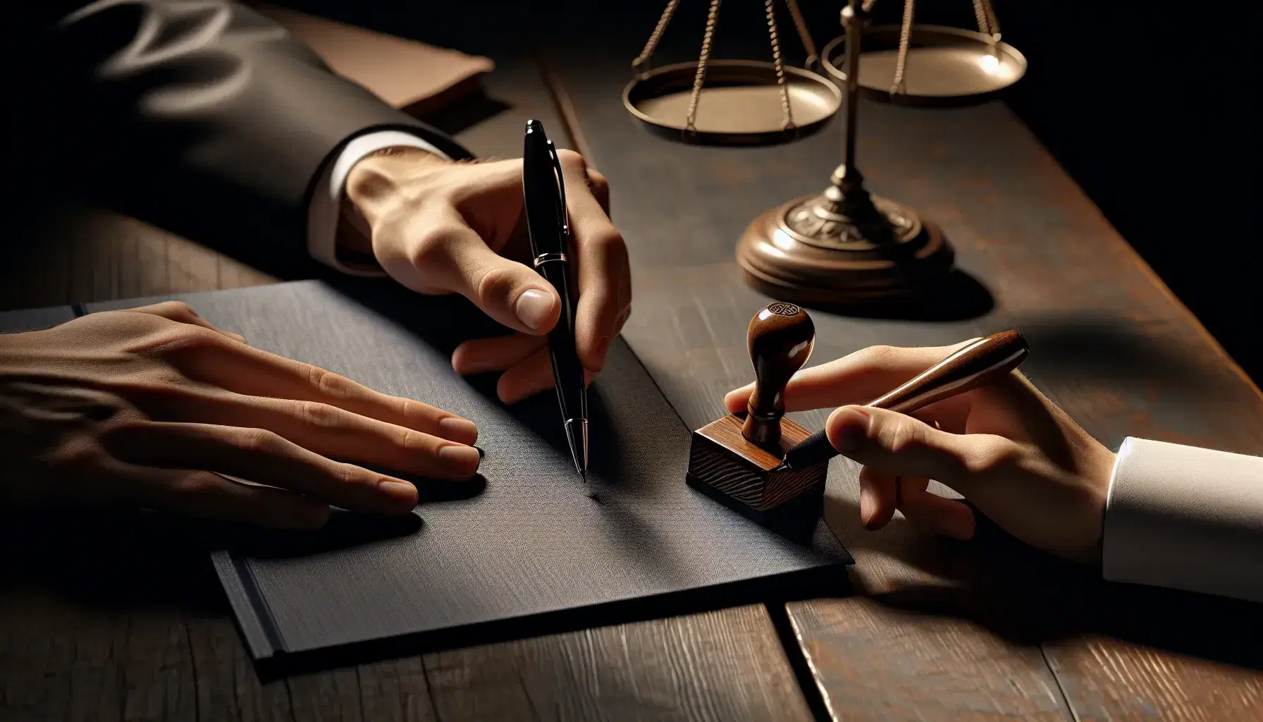 Manos sobre mesa de madera oscura con una sosteniendo un bolígrafo negro y la otra señalando un documento junto a un libro azul oscuro y un sello de goma, con una balanza de justicia dorada al fondo.