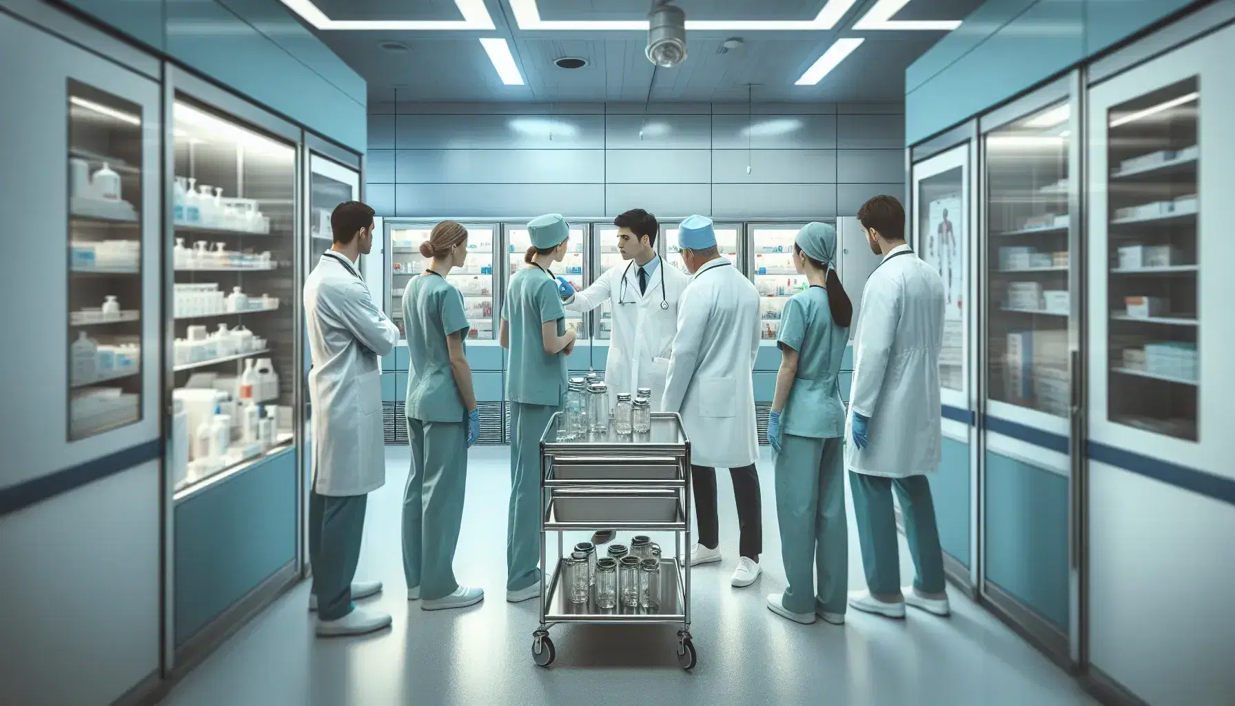 Grupo de profesionales de la salud en hospital discutiendo en pasillo con carro de acero inoxidable con instrumental médico y frascos de vidrio.