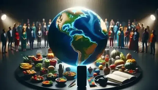 Globo terráqueo iluminado mostrando África, Europa y Asia, rodeado de objetos como smartphone, auriculares, libro y comida variada, con personas de fondo en atuendos diversos.