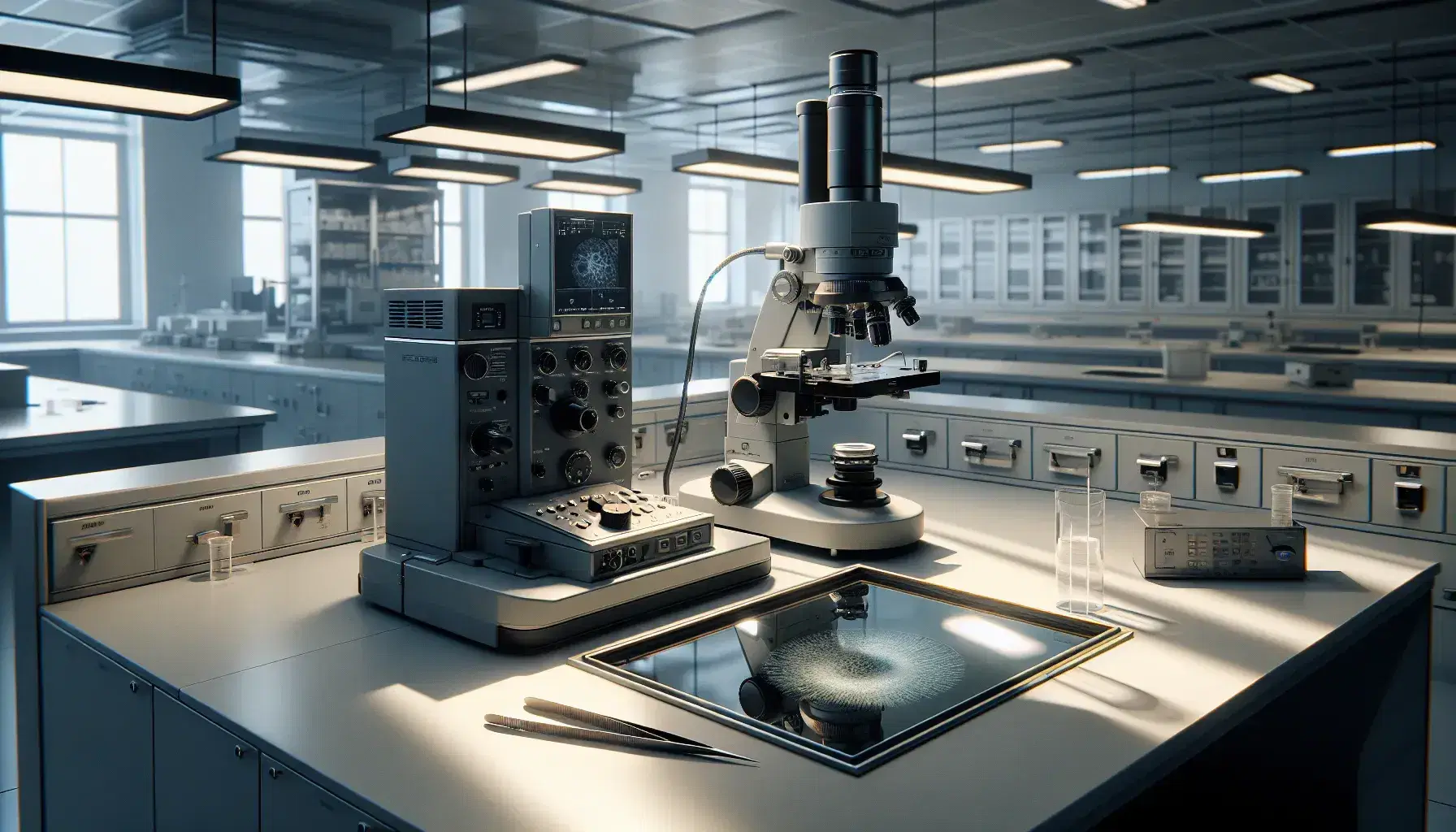 Laboratorio di ricerca biologica con microscopio elettronico al centro, tavolo da lavoro, pareti chiare e armadi metallici.