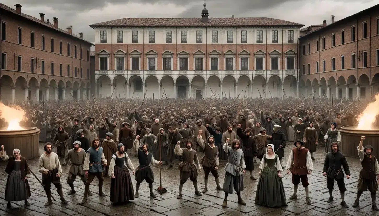 Folla in abiti del XVII secolo a Milano, con gruppo in primo piano che protesta con pugni alzati e bastoni, soldati in armatura sullo sfondo, architettura rinascimentale circostante.