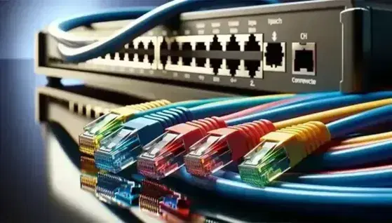 Cables Ethernet de colores azul, rojo, amarillo y verde dispuestos horizontalmente con un switch de red desenfocado al fondo.