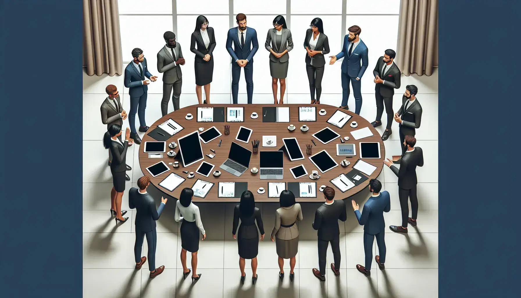 Grupo diverso de profesionales en reunión alrededor de una mesa de conferencia ovalada con dispositivos electrónicos apagados y papeles dispersos, en un ambiente iluminado naturalmente.
