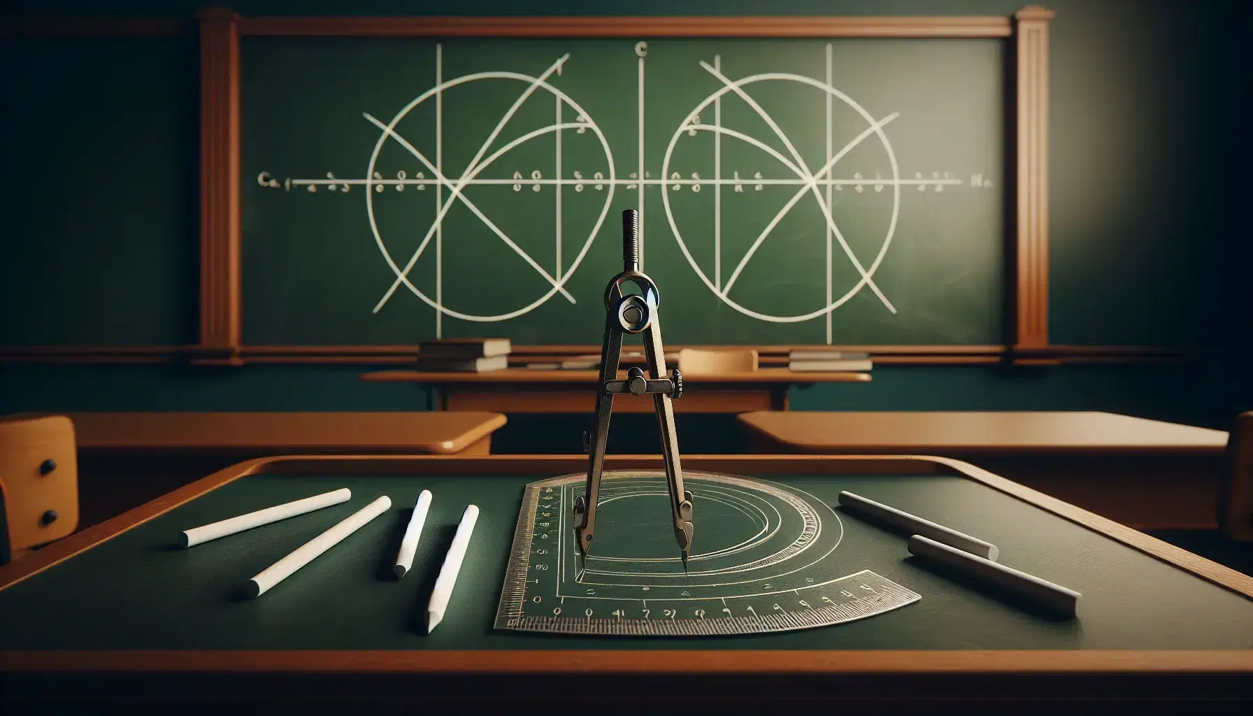 Chalkboard with white chalk-drawn hyperbolas and drawing tools including a compass, protractor, and ruler on a desk in an empty classroom.