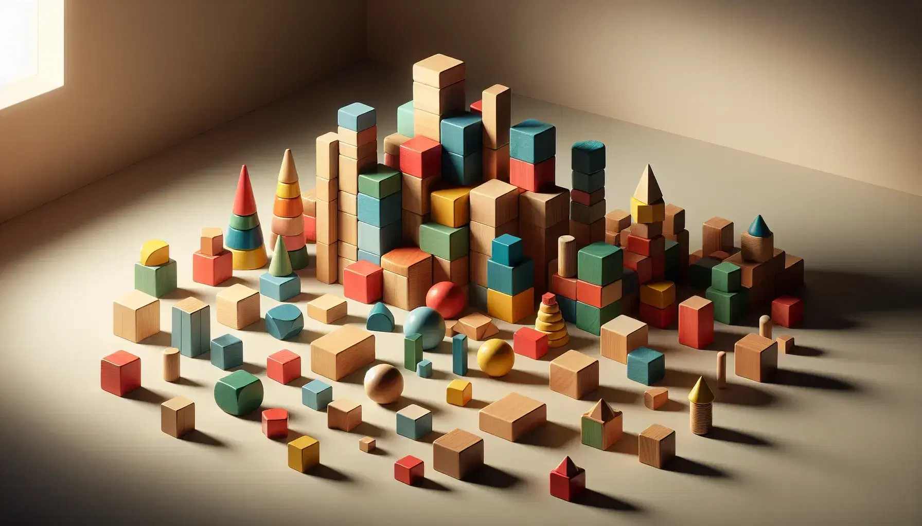 Bloques de madera de colores y formas geométricas variadas, incluyendo cubos y cilindros, dispuestos en una estructura central y esparcidos alrededor sobre superficie clara.