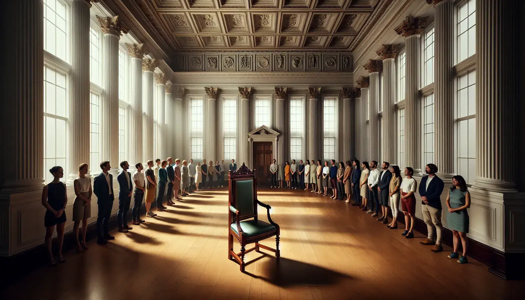 Diverse group gathered in a classical room with high ceilings and columns, focused on an ornate empty chair, bathed in natural light.