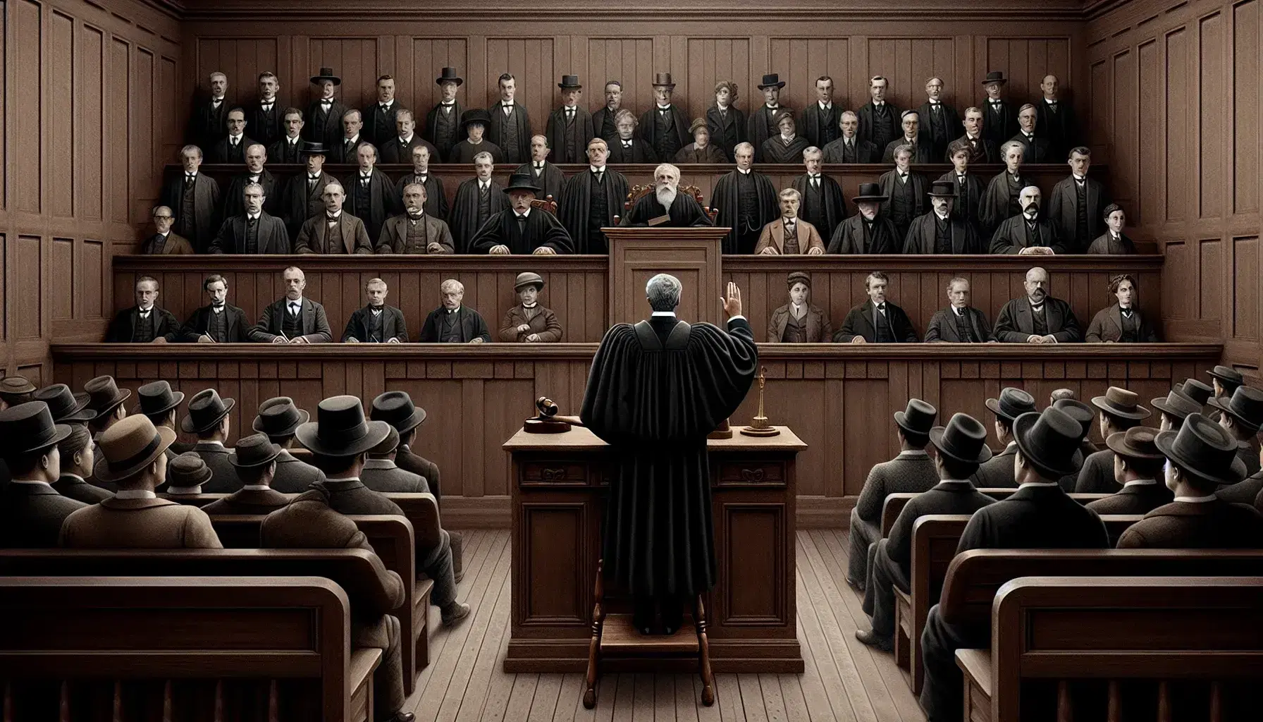 Early 20th-century courtroom scene with a judge in a black robe, a witness taking an oath, jurors in a box, and lawyers at a table with papers.