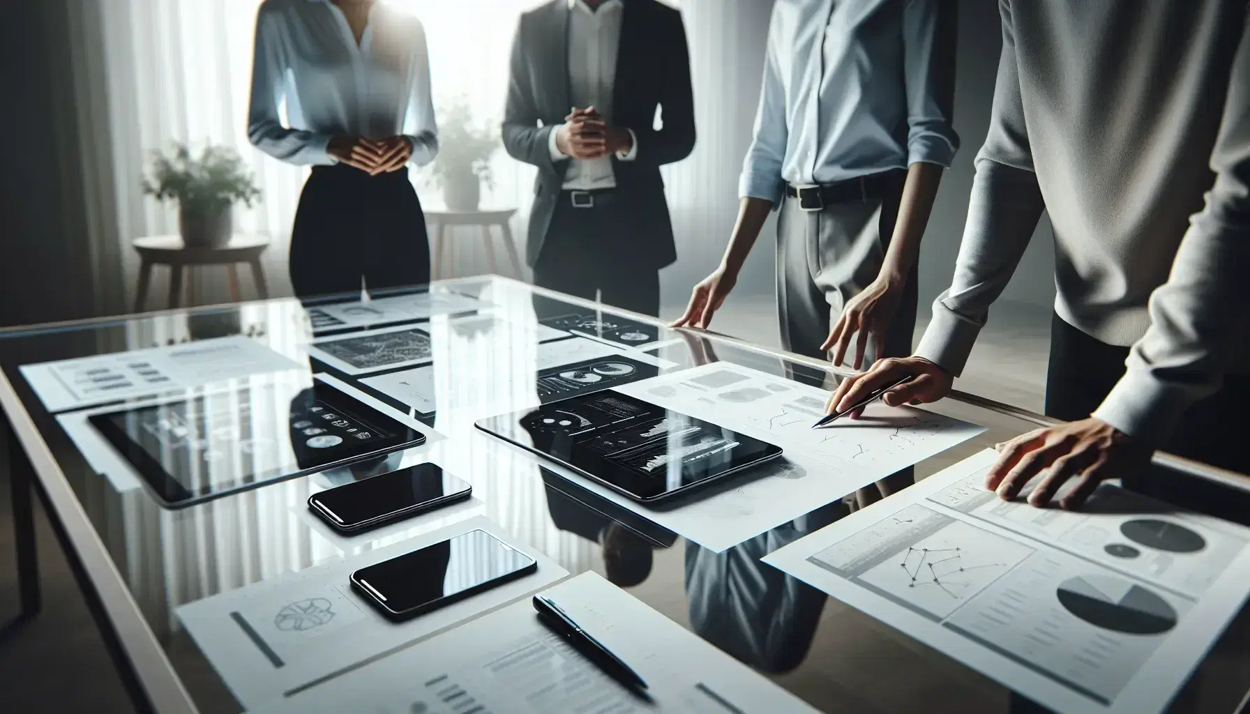 Grupo de tres profesionales en reunión de trabajo alrededor de una mesa de vidrio con dispositivos electrónicos, papeles con gráficos y una planta decorativa.