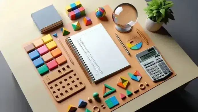Wooden desk with open notebook, calculator, colorful geometric shapes and green plant in terracotta pot.