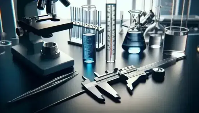 Strumenti di misurazione scientifici in laboratorio con calibro vernier, cilindro graduato con liquido blu e termometro al mercurio.