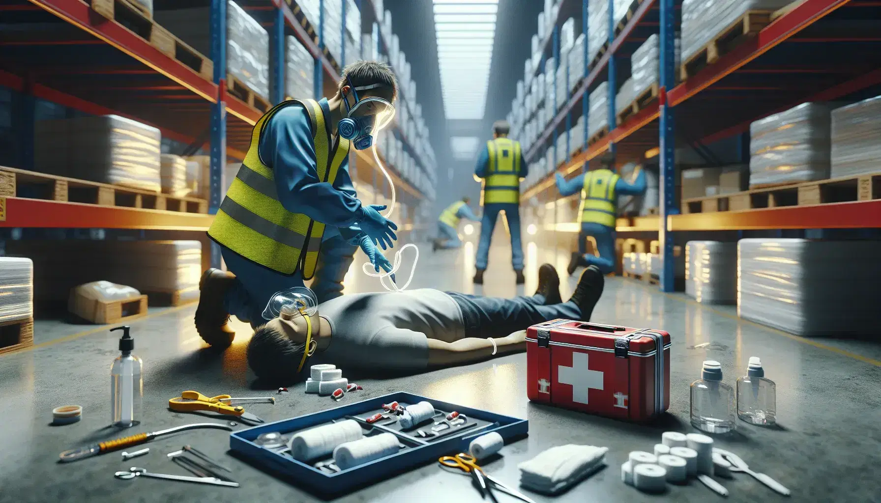 Soccorritore in guanti blu applica maschera ossigeno a infortunato in ambiente industriale, con kit pronto soccorso aperto e persona in giubbotto catarifrangente al telefono.