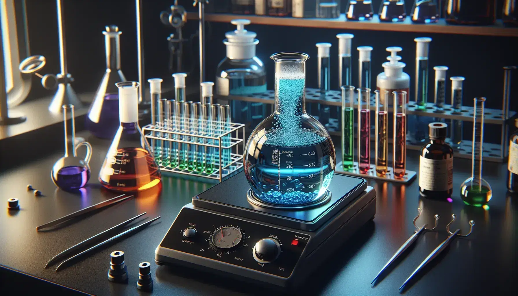 Primer plano de un laboratorio químico con matraz Erlenmeyer y líquido azul burbujeante sobre placa caliente, cilindro graduado amarillo y tubos de ensayo con líquidos de colores.