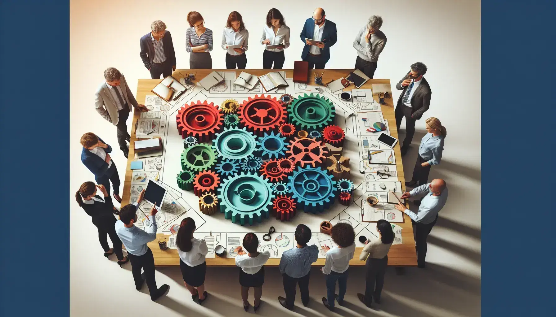 Grupo diverso de profesionales colaborando alrededor de una mesa con un modelo de engranajes de colores, destacando la comunicación y el trabajo en equipo.