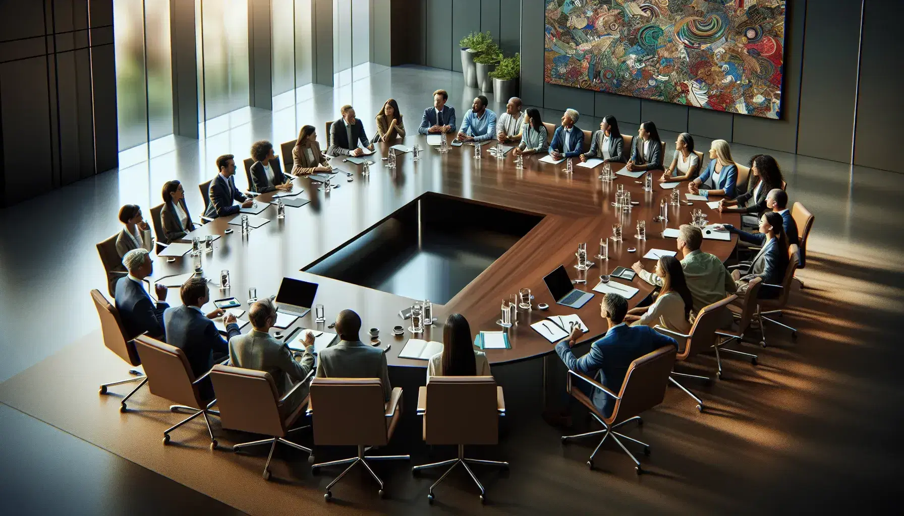 Multi-ethnic group meeting around a wooden oval table, with tablet and laptop, in a brightly lit and colorful conference room.
