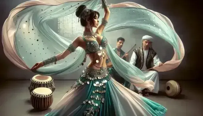 Bailarina de danza árabe con traje turquesa y velo rosa en movimiento, acompañada por músicos con darbuka y oud en un salón decorado al estilo árabe.