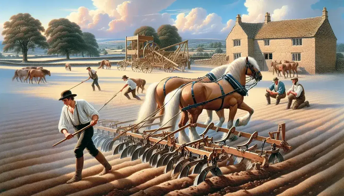 Late 18th-century British Agricultural Revolution scene with a farmer using a Rotherham plow, horses, laborers practicing crop rotation, and a threshing machine.