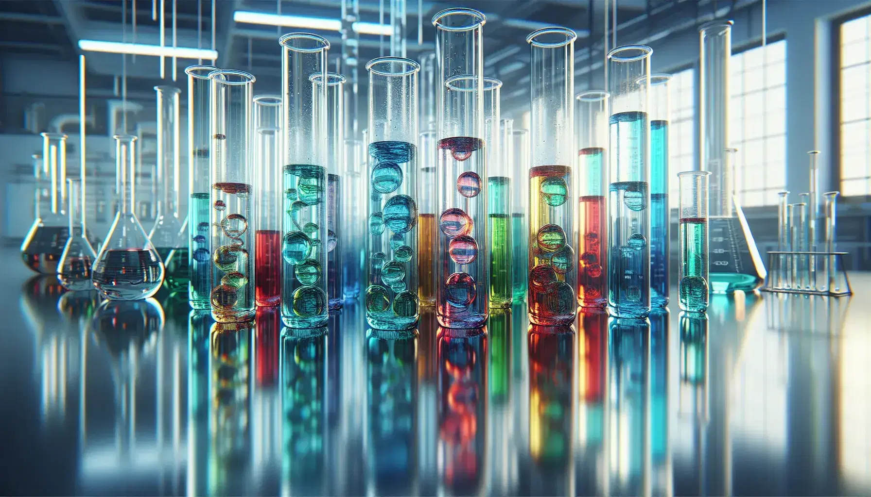 Cilindri di vetro trasparente con liquidi colorati in laboratorio scientifico, riflessi su superficie lucida.