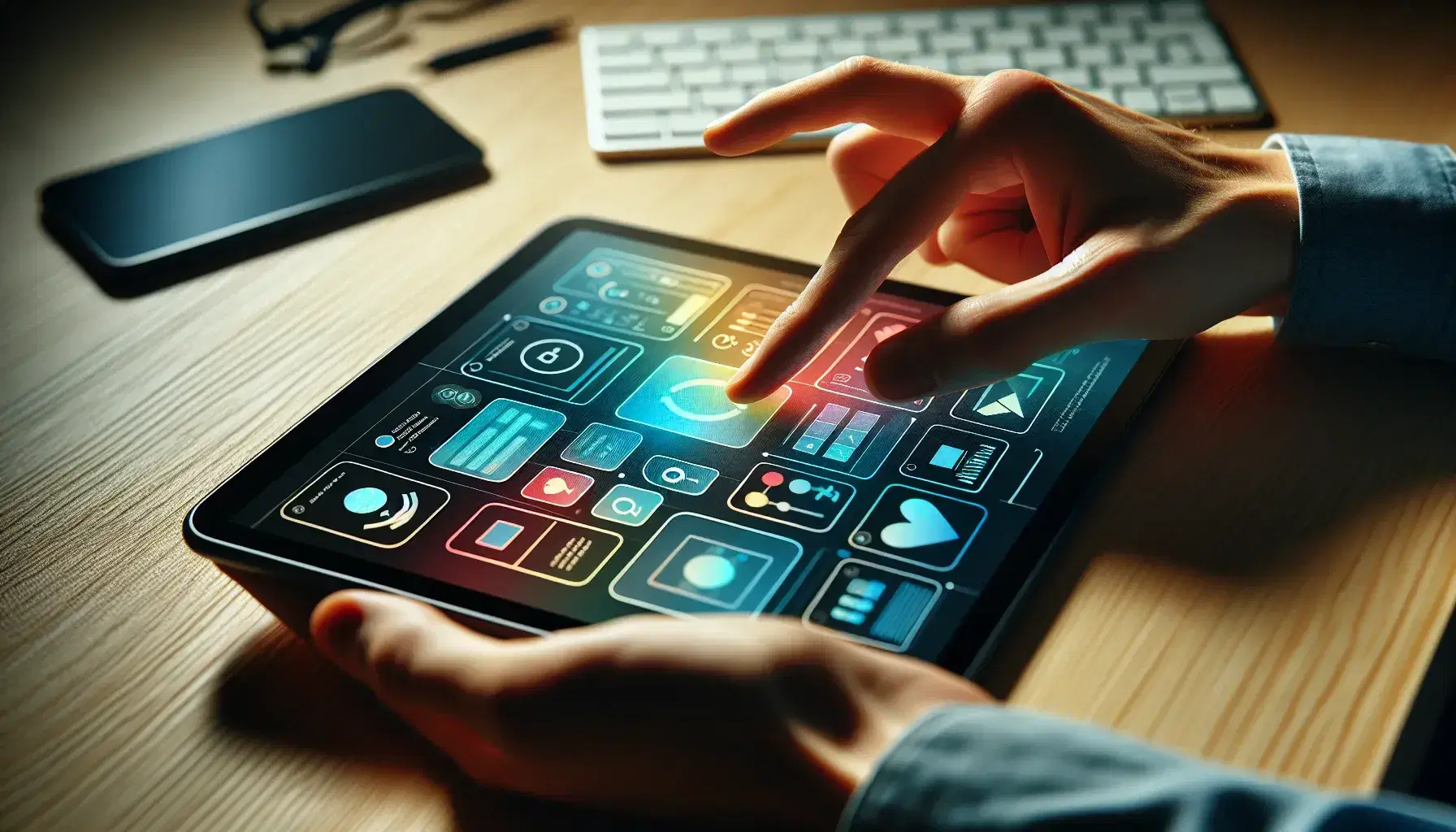 Manos utilizando una tableta táctil con interfaz colorida sobre mesa de trabajo con teclado, ratón inalámbrico y smartphone.