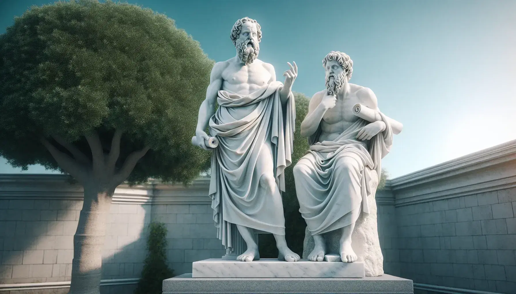 Escultura de mármol blanco de Sócrates de pie con un pergamino y Platón sentado, ambos en togas, ante un fondo natural con árbol y columna dórica parcialmente en ruinas.