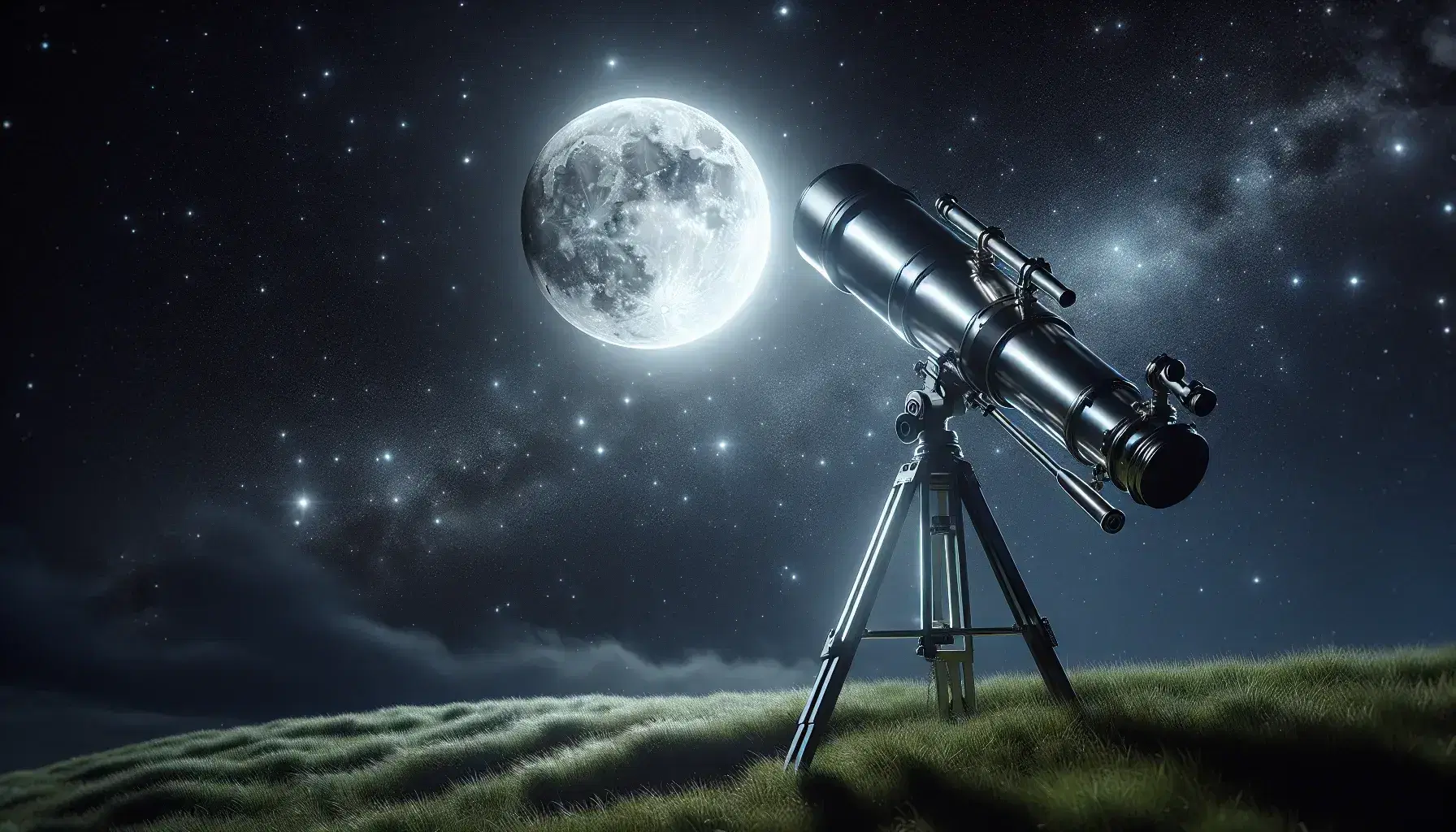 Starry night sky with a bright full moon above a telescope on a tripod, set on a grassy hill for celestial observation.