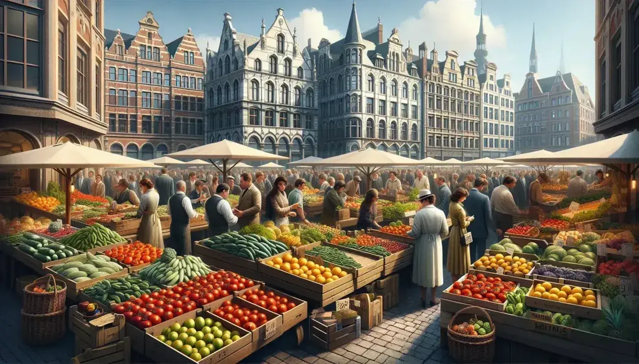 Bustling European outdoor market with colorful fresh produce on wooden stalls, diverse shoppers, and a mix of historic and modern architecture under a clear blue sky.