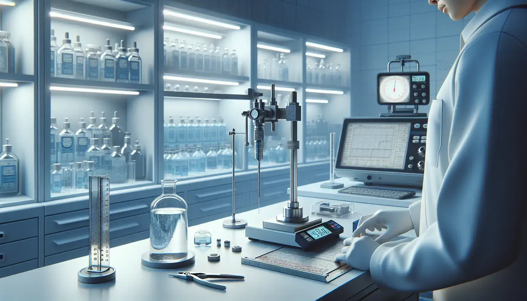 Laboratorio scientifico moderno con tavolo da lavoro, strumenti di misura come calibro digitale, micrometro e termometro, e ricercatore in camice bianco.
