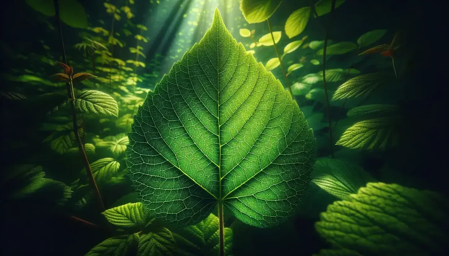 Close-up of a sunlit green leaf with a detailed vein network, set against a blurred natural green background, highlighting the leaf's texture and patterns.