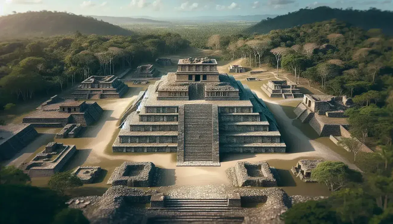 Vista panorámica de ruinas precolombinas con pirámide de piedra escalonada y estructuras circundantes en una plaza, rodeadas de selva tropical bajo cielo despejado.