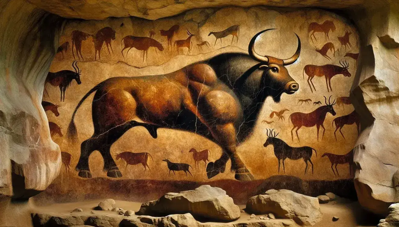 Riproduzione di pitture rupestri nella Grotta di Lascaux con toro, cavalli e cervi in toni marroni, neri e ocra.