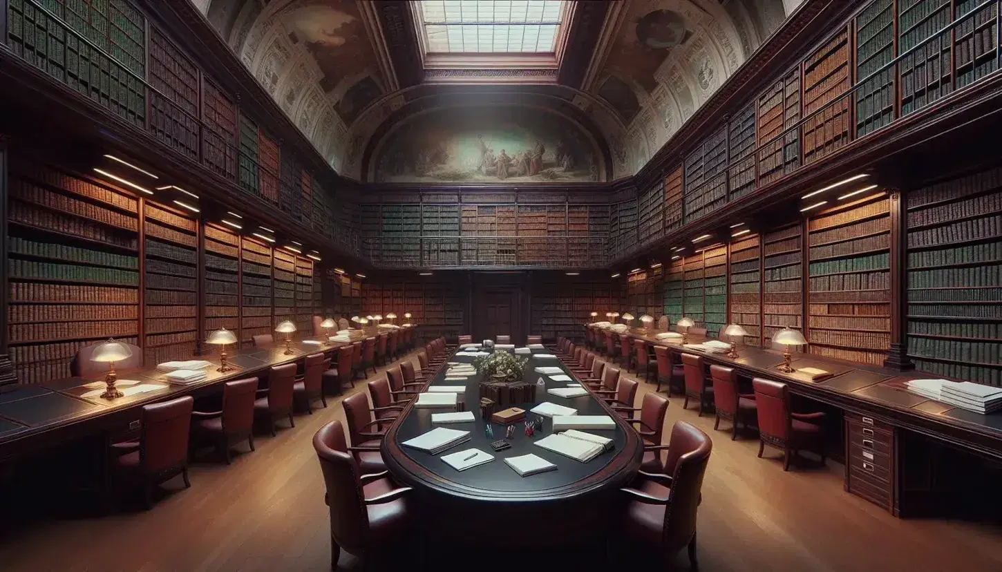 Sala di biblioteca pubblica con scaffali in legno scuro pieni di raccoglitori colorati, tavolo ovale centrale, sedie imbottite rosse e lampade sospese.