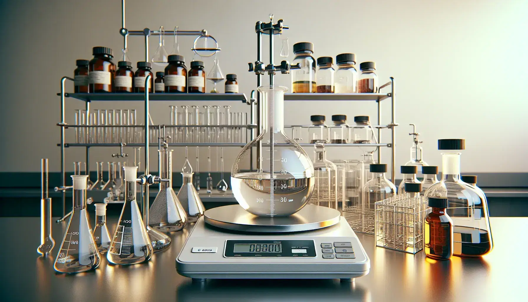 Laboratorio químico con matraz en placa calefactora, embudo de separación con solución bifásica y balanza analítica apagada, rodeado de frascos y pipetas.