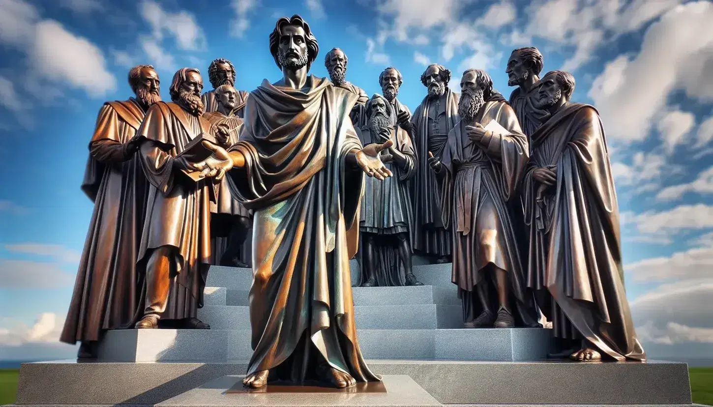 Grupo de estatuas de bronce de filósofos en diálogo sobre base de piedra, con cielo azul de fondo y sombras suaves en el suelo.