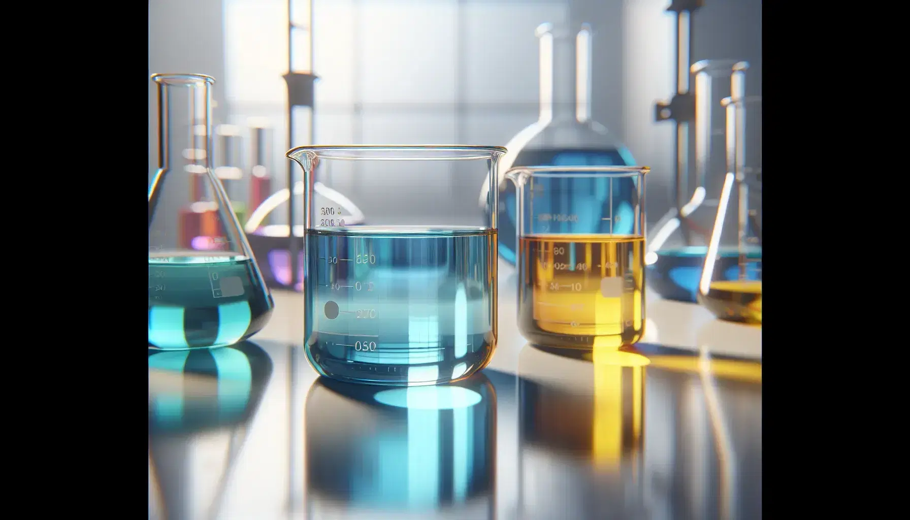Two clear glass test tubes on a white laboratory bench, one with blue liquid and the other with yellow liquid, background with other glassware.
