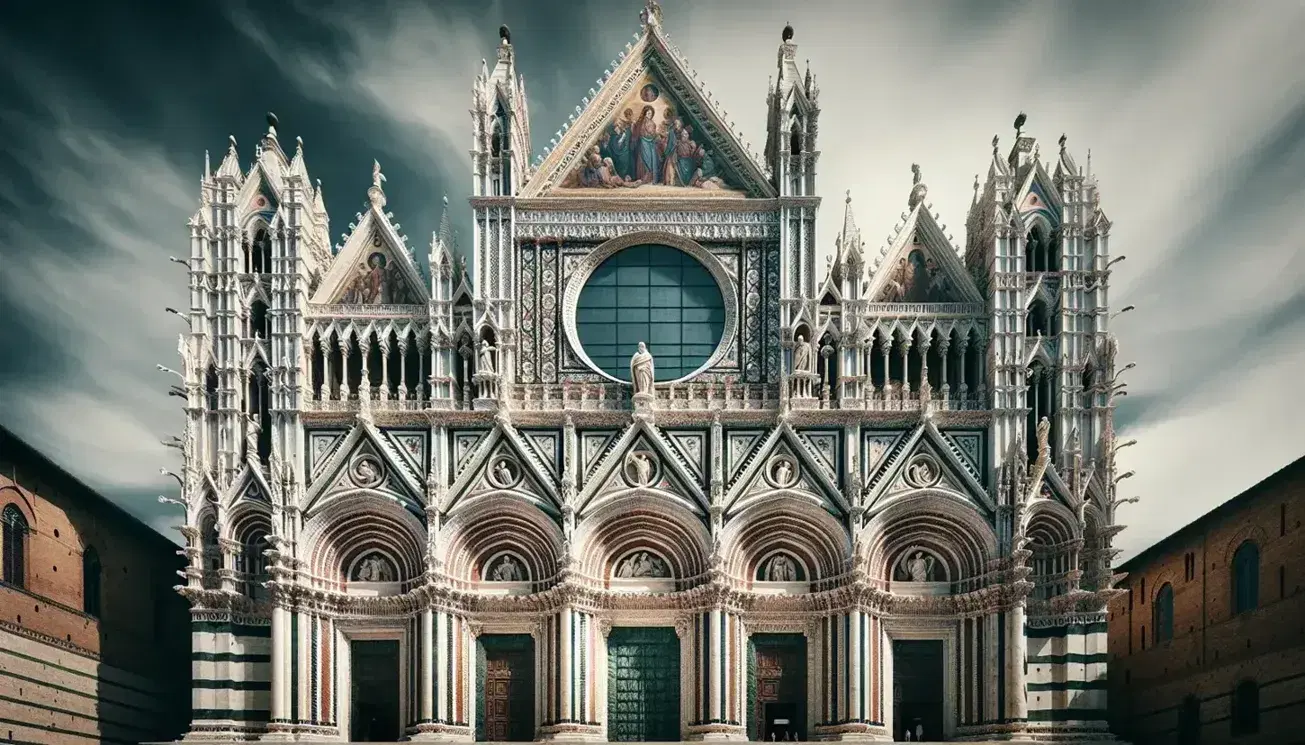 Facciata del Duomo di Siena in stile gotico con portali ad arco, rosoni, nicchie con statue sacre, pinnacoli e inserti marmorei colorati.