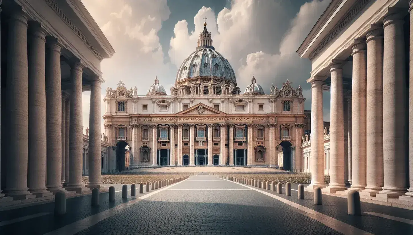 Vista frontal de la Basílica de San Pedro en el Vaticano con su cúpula diseñada por Michelangelo y estatuas de mármol bajo un cielo parcialmente nublado.