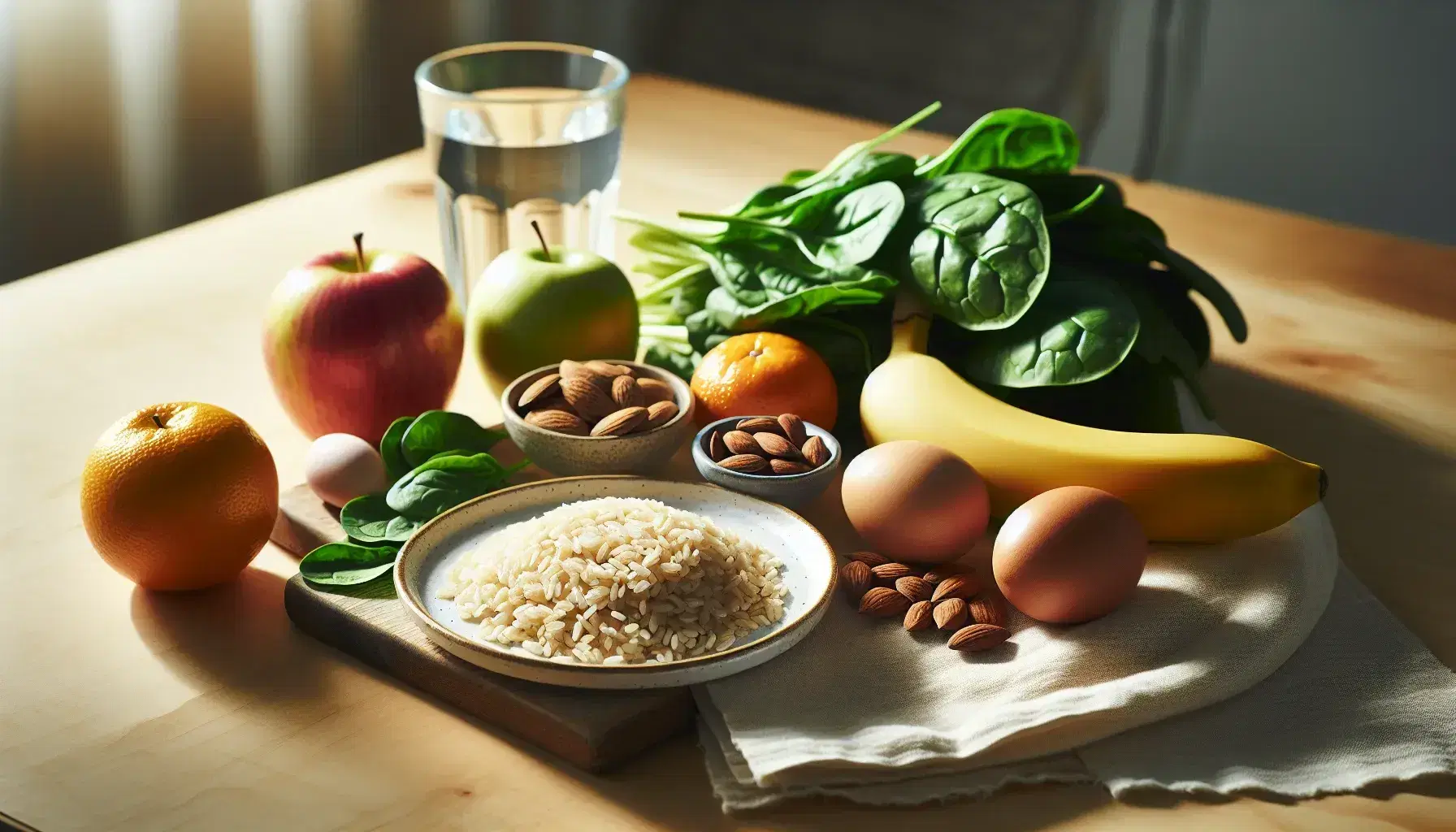 Plato de arroz integral en mesa de madera con espinacas frescas, frutas variadas, almendras y huevo, acompañado de vaso de agua, en composición equilibrada y natural.