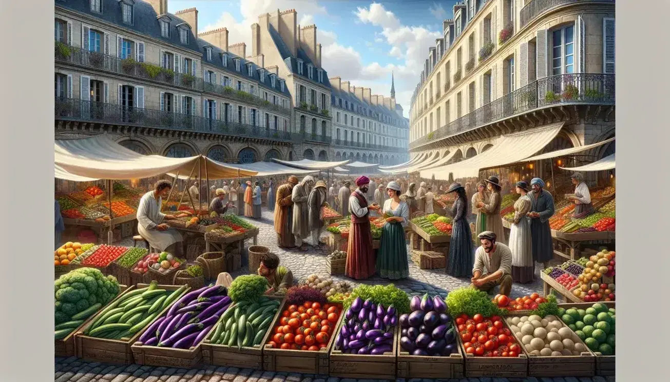 Bustling French market with colorful produce on stalls, diverse shoppers engaging with vendors, and traditional European stone buildings under a clear sky.